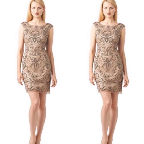 Adrianna Papell beaded nude mesh sheath dress - Picture 2 of 10